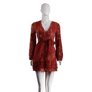Chic Red Lace V-Neck Dress with Bell Sleeves Occult